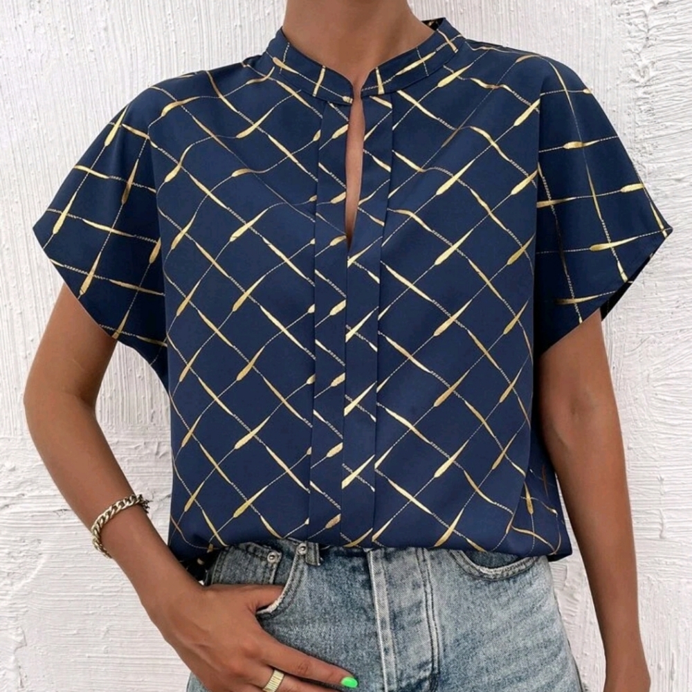 Gold Argyle Print Notched Neck Batwing Sleeve Blouse